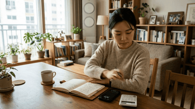 Woman who keeps household ledger in notebook