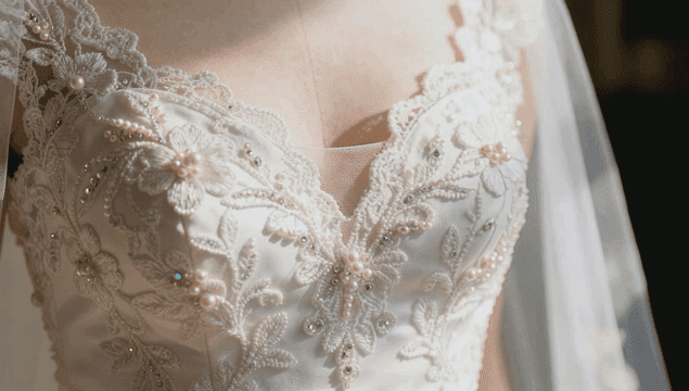 마네킹에 입혀진 정교한 레이스와 진주 웨딩드레스