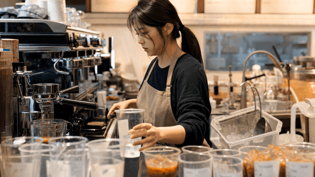 카페에서 많은 커피를 준비하는 아르바이트 여성