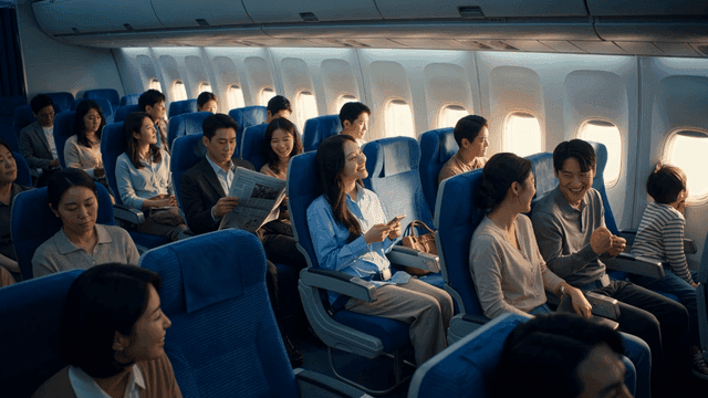 Passengers seated in an airplane cabin