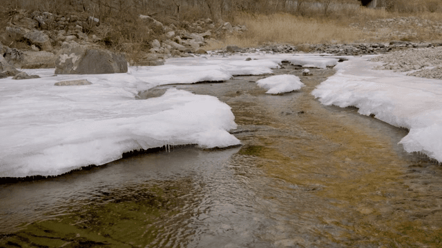 눈 덮인 강변을 흐르는 고요한 강