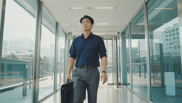 서류가방을 들고 현대적인 복도를 걷는 회사원