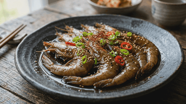 Soy sauce marinated shrimp topped with garnish