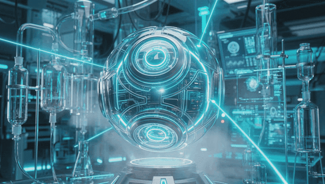 빛나는 구체가 있는 미래 실험실