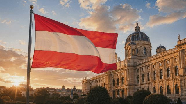 Austrian flag waving near historic building