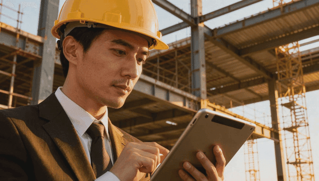 Engineer in suit inspecting construction site with tablet