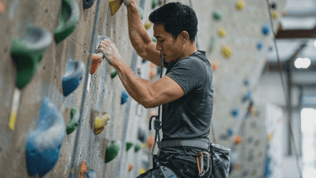 Man climbing an indoor rock wall