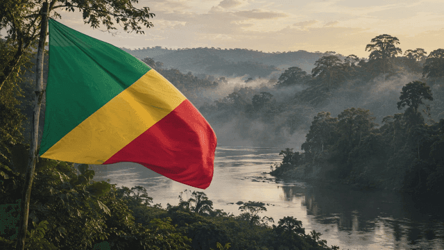 Flag of Republic of Congo waving by foggy riverside