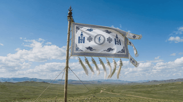 Traditional Soyombo flags fluttering in field