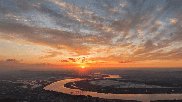 Landscape of river flowing at sunset.