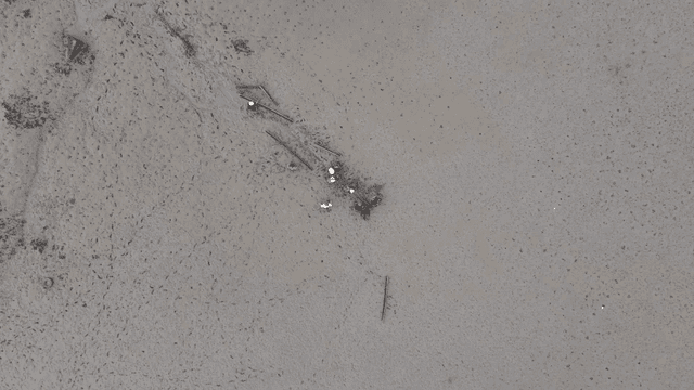 People working on a muddy shore