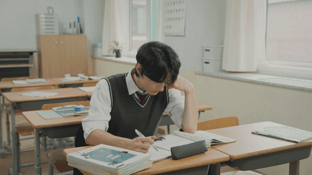 교실에서 혼자 공부하다가 조는 학생