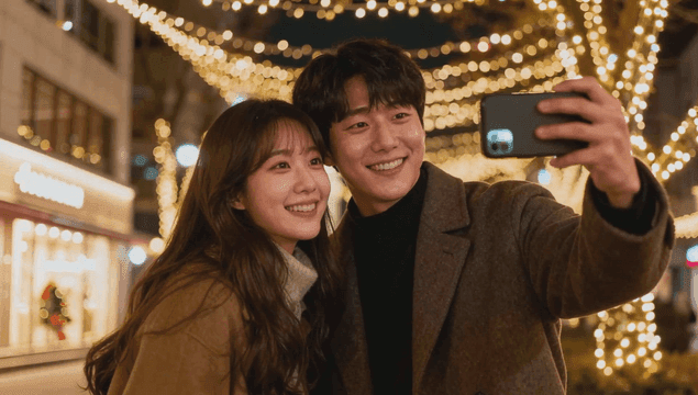 Couple taking a selfie under christmas lights