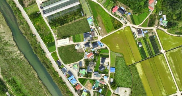 농촌 마을과 들판의 전경