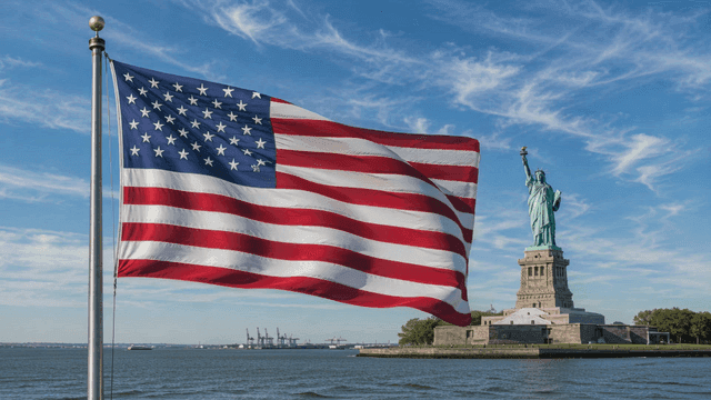 American flag and seaside goddess statue