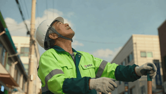 하늘을 올려다보는 노인 환경 미화원