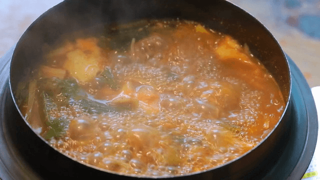 Spicy floating goby stew boiling in a pot
