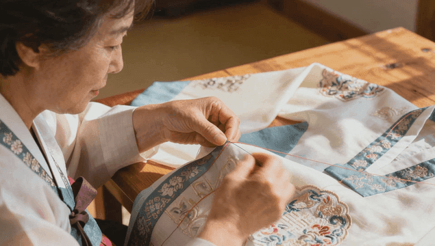 전통 한복을 바느질하는 노인 여성
