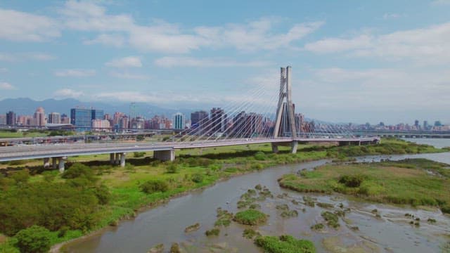 Bridge over river with cityscape in background
