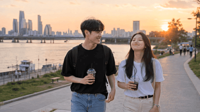 Couple enjoying a sunset walk by the river