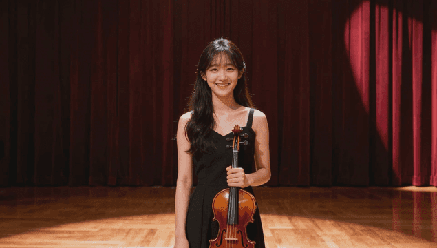 Smiling violinist on stage with a spotlight