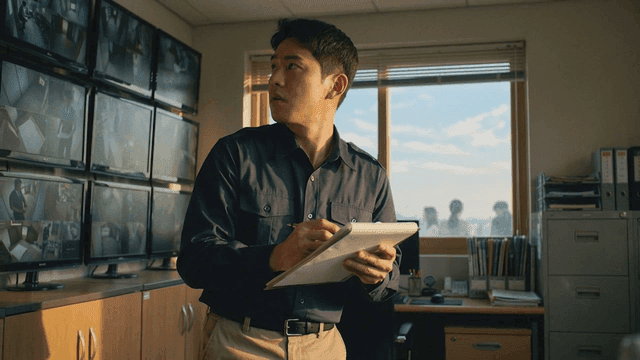 Security guard taking notes in control room