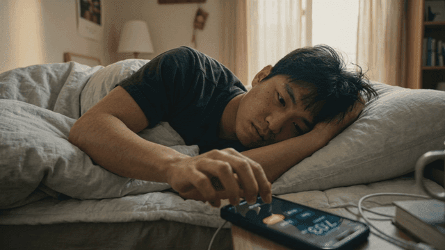 Man who wakes up and turns off alarm