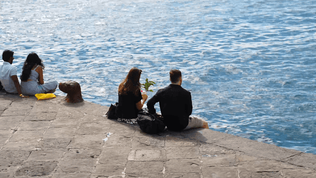 Couples sitting on beach and enjoying view