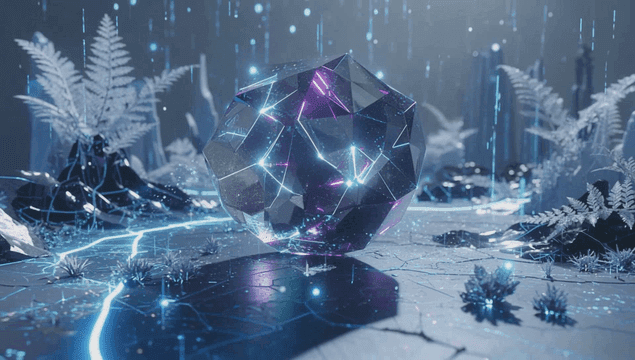 Glowing geometric object in a digital landscape