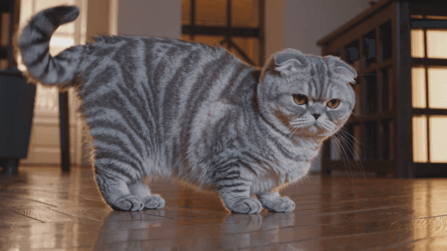 Curious cat standing on wooden floor