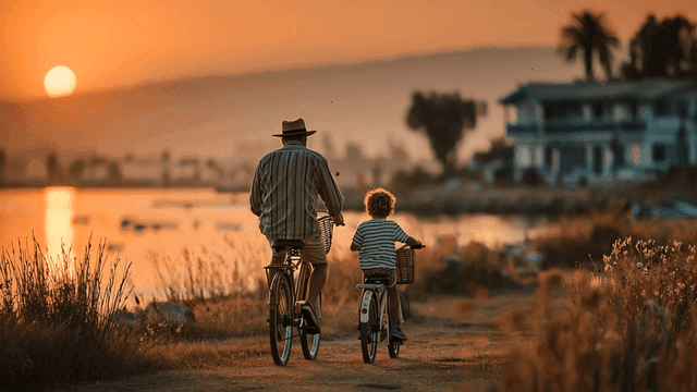 호수 옆에서 자전거를 타는 아버지와 아이