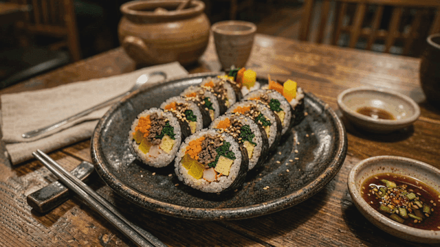 Plate of gimbap on table