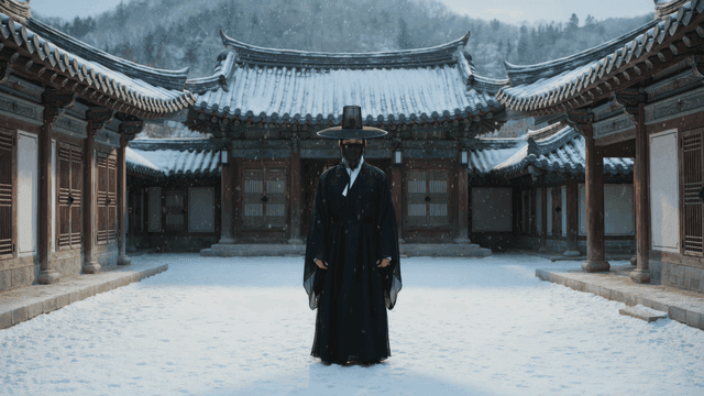 Man wearing traditional black Hanbok in snow-covered yard