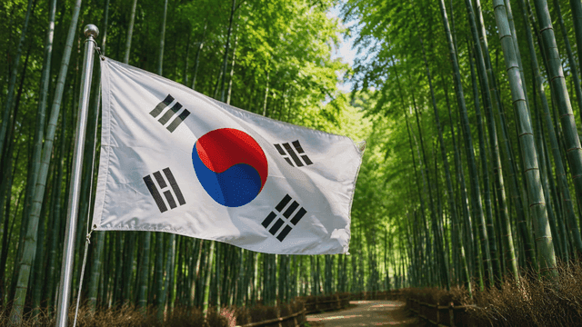 Korean flag waving in a bamboo forest