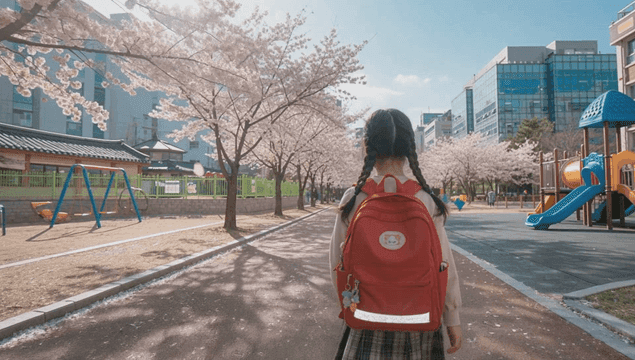 Back of an elementary school girl walking under cherry blossoms