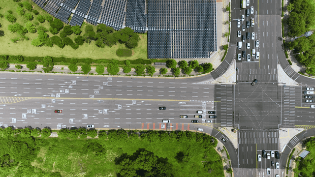 Wide road intersection viewed from above