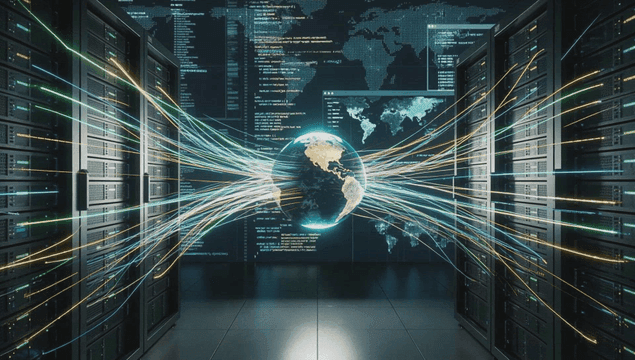 Data streams connected to server room globe shape
