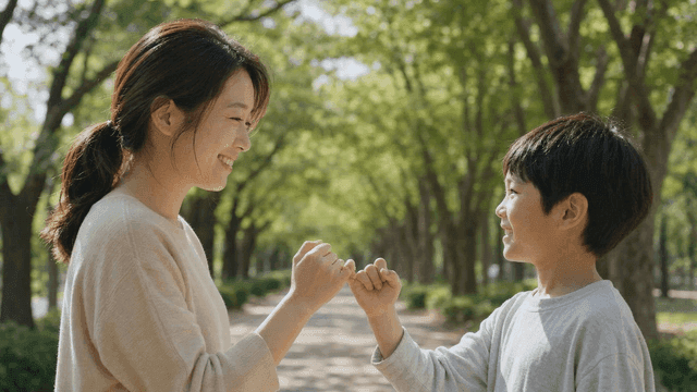 Mother and son making pinky promise in park