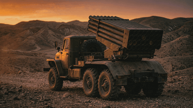 Military missile truck in desert landscape