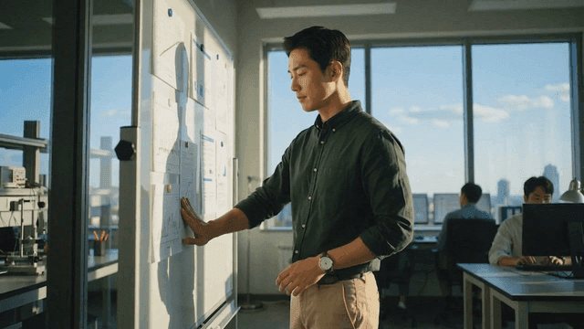 Man organizing data on whiteboard in office
