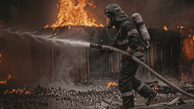 Firefighter spraying water on intense flames
