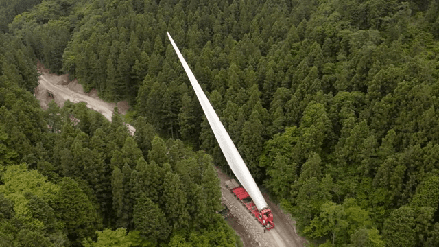 울창한 숲 속 도로에서 풍력 터빈 자재를 운반하는 모습