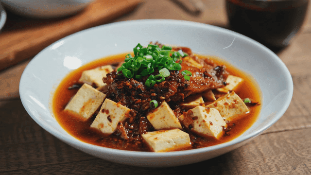 Mapo tofu with spicy sauce and green onions