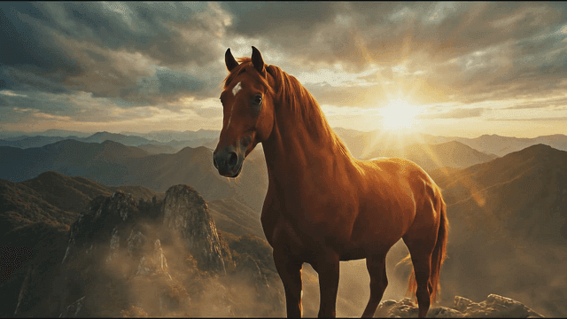 Majestic red horse on mountain at sunrise