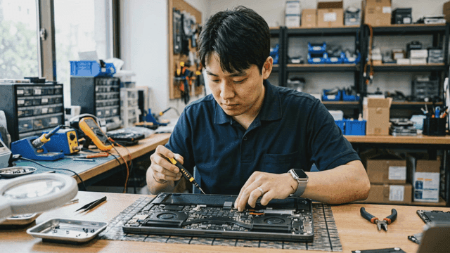 Man repairing laptop in his workshop.