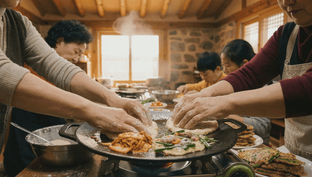 Family cooking Korean pancakes together