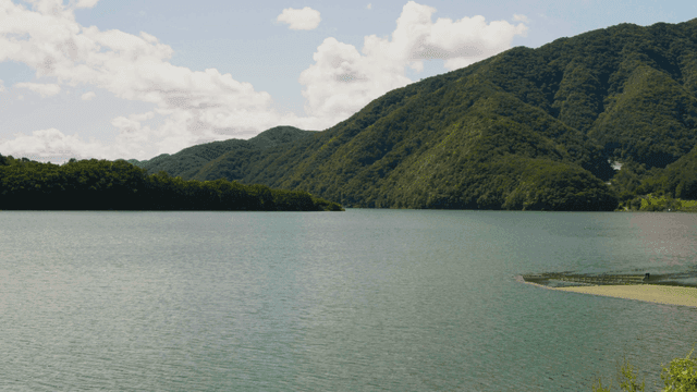 Tranquil lake surrounded by lush mountains