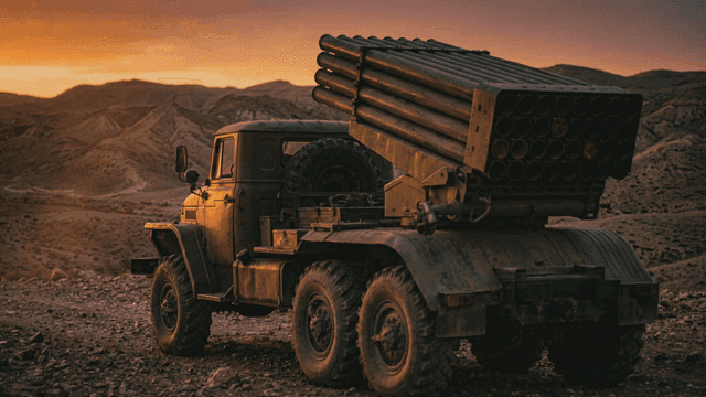 Missile military truck in evening desert landscape