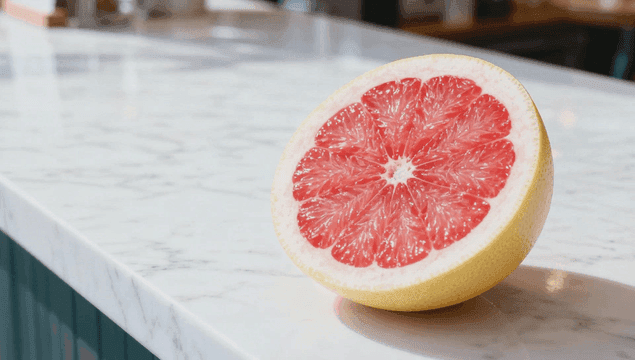 대리석 카운터 위의 자몽 반쪽
