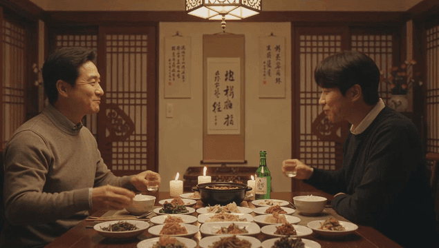 Two men toasting with soju at a traditional Korean restaurant.